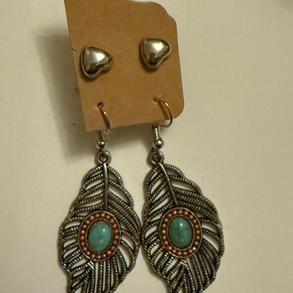 Silver and Turquoise Feather Earrings with Heart Studs